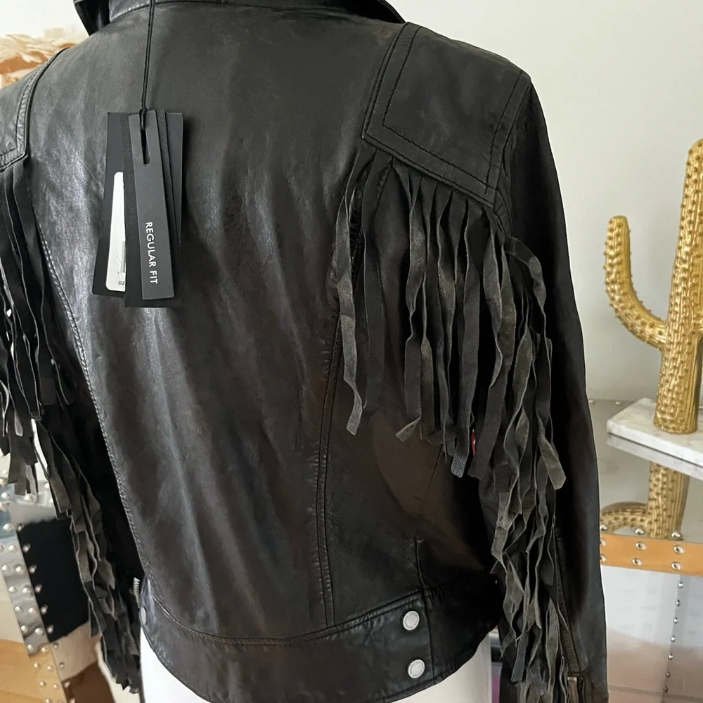 Mauritius (purchased online from Free People) Black Leather Zoey Fringe Jacket - Picture 7 of 14